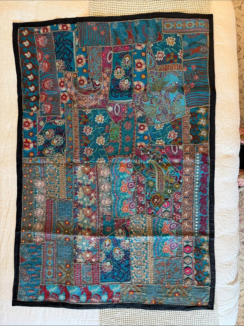 Handmade Vintage Pakistani Tribal Bridal Tapestry in Vibrant Blues & Pinks